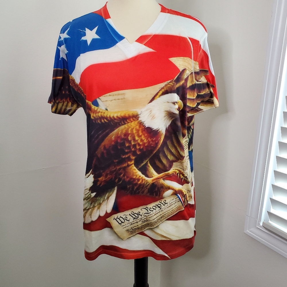 Mens True Rock American Flag V Neck T Shirt Xl